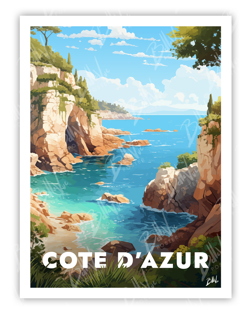 Affiche Côte d'Azur - Crique - illustration vintage, décoration murale, BelleVue Poster