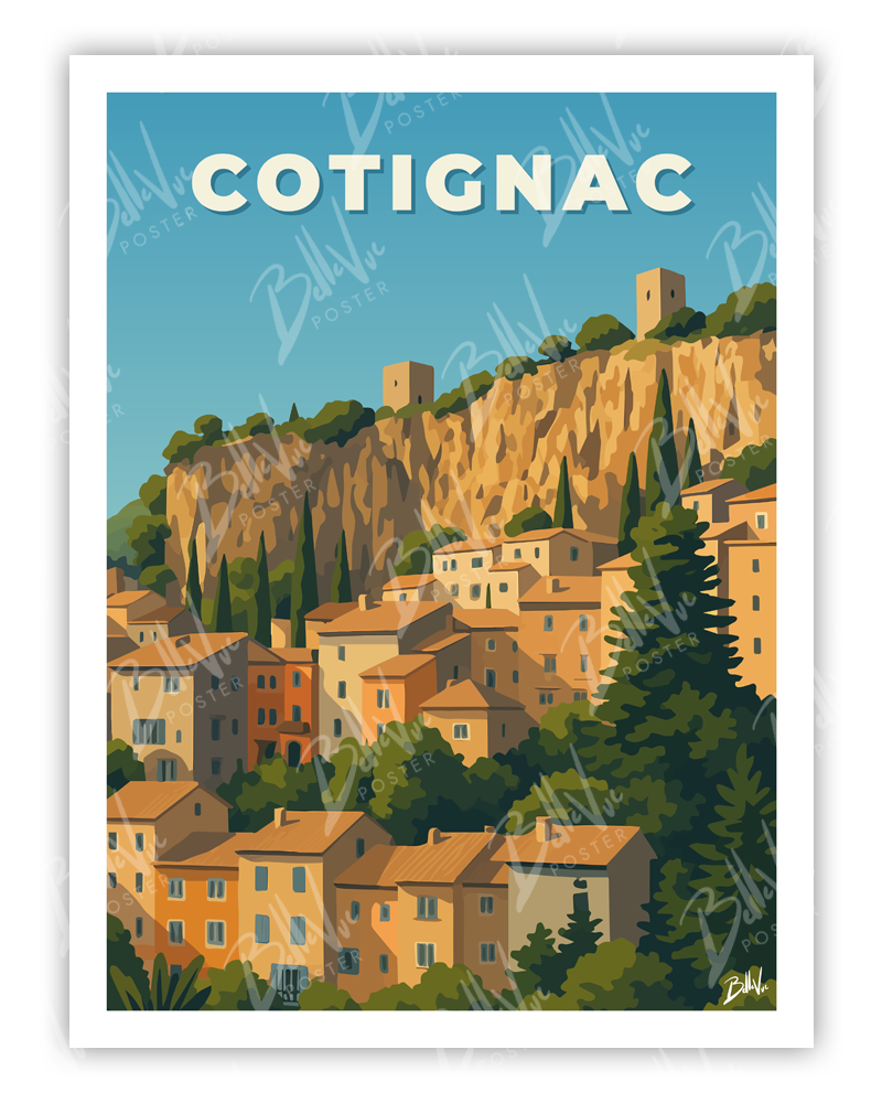 Affiche Cotignac - illustration vintage, décoration murale, BelleVue Poster