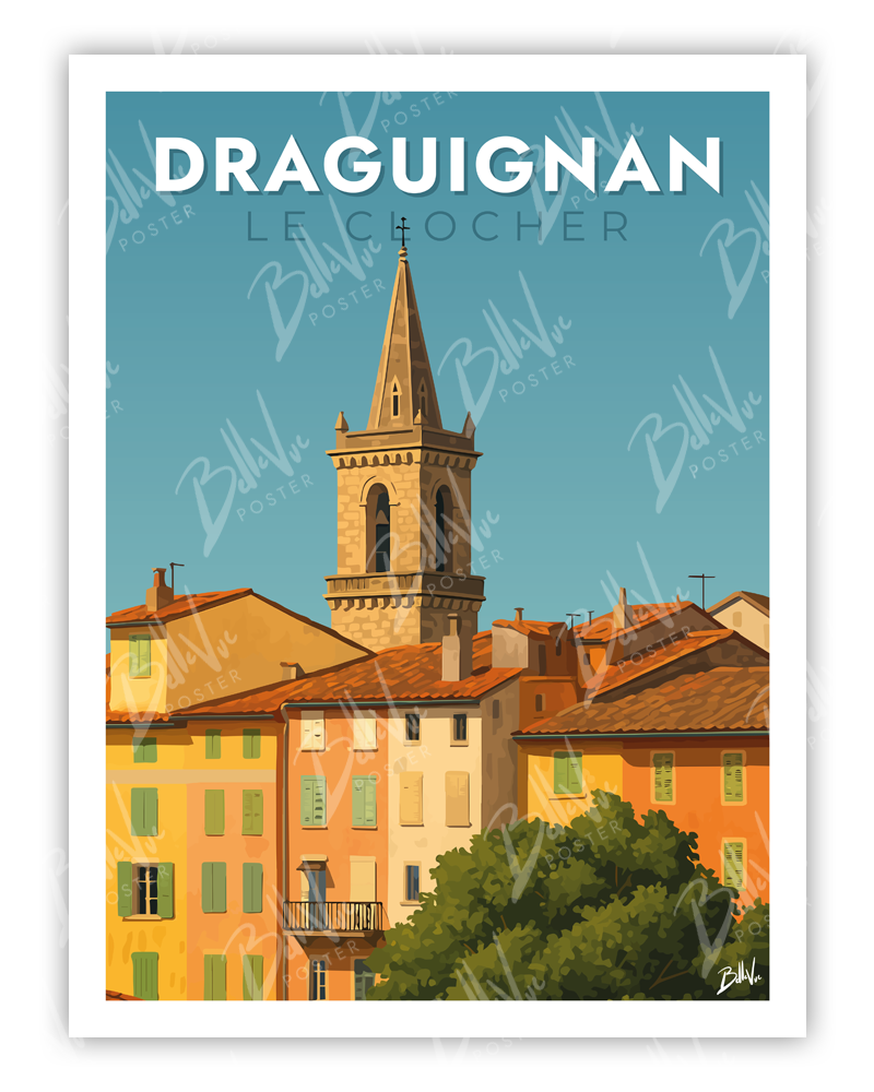 Affiche Draguignan le clocher - illustration vintage, décoration murale, BelleVue Poster