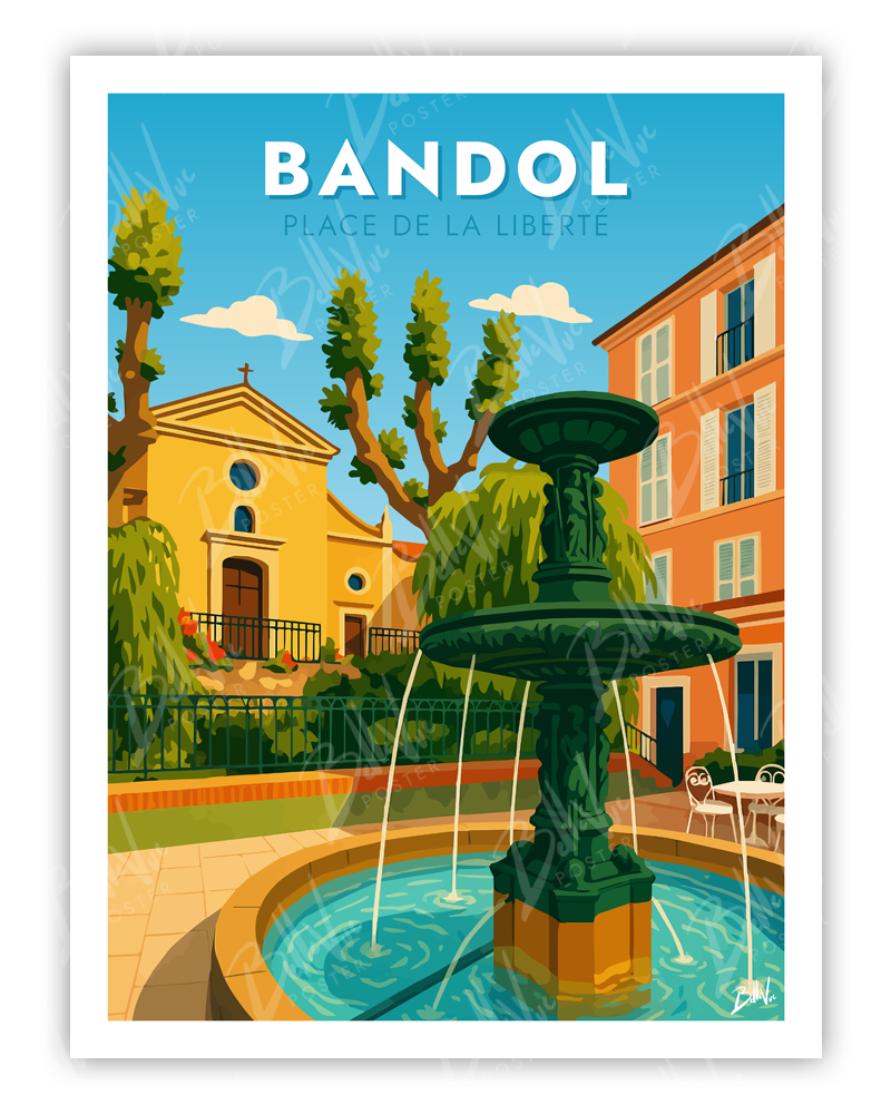Affiche Bandol place de la liberté - illustration vintage, décoration murale, BelleVue Poster