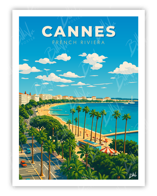 Affiche Cannes French Riviera - illustration vintage, décoration murale, BelleVue Poster