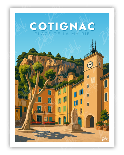 Affiche Cotignac place de la Mairie - illustration vintage, décoration murale, BelleVue Poster