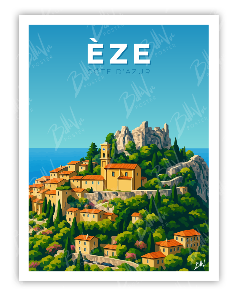 Affiche Eze cote d'azur - illustration vintage, décoration murale, BelleVue Poster