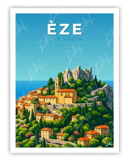 Affiche Eze cote d'azur - illustration vintage, décoration murale, BelleVue Poster