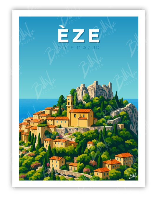 Affiche Eze cote d'azur - illustration vintage, décoration murale, BelleVue Poster