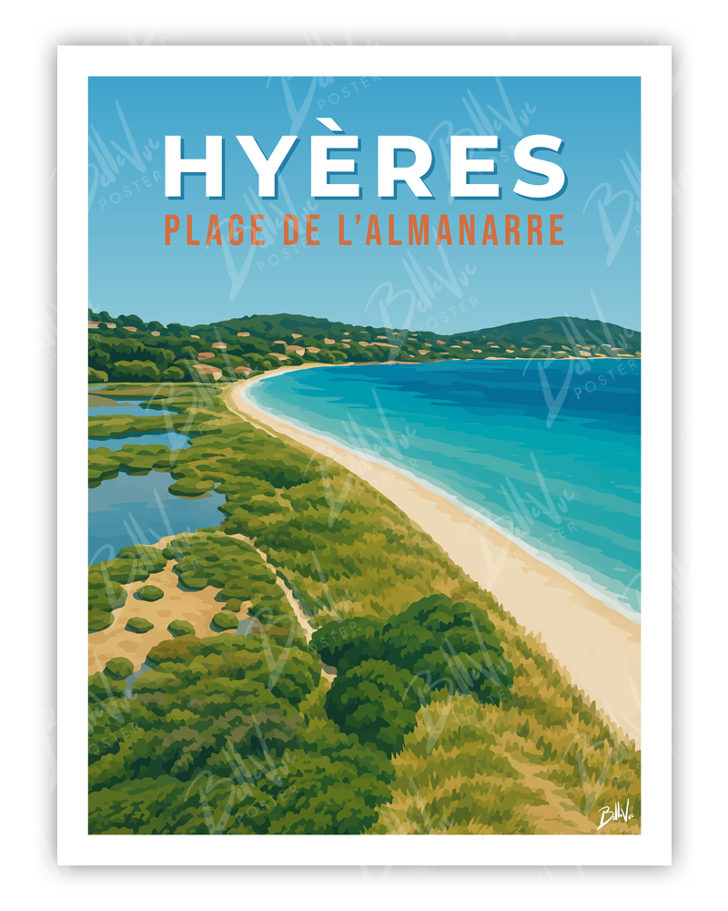 Affiche Hyeres plage de l'Almanarre - illustration vintage, décoration murale, BelleVue Poster