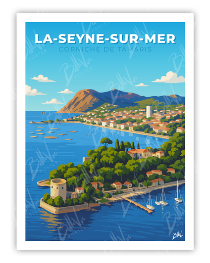 Affiche La Seyne sur Mer corniche de Tamaris - illustration vintage, décoration murale, BelleVue Poster