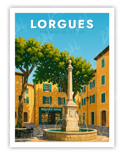Affiche Lorgues fontaine de la noix - illustration vintage, décoration murale, BelleVue Poster