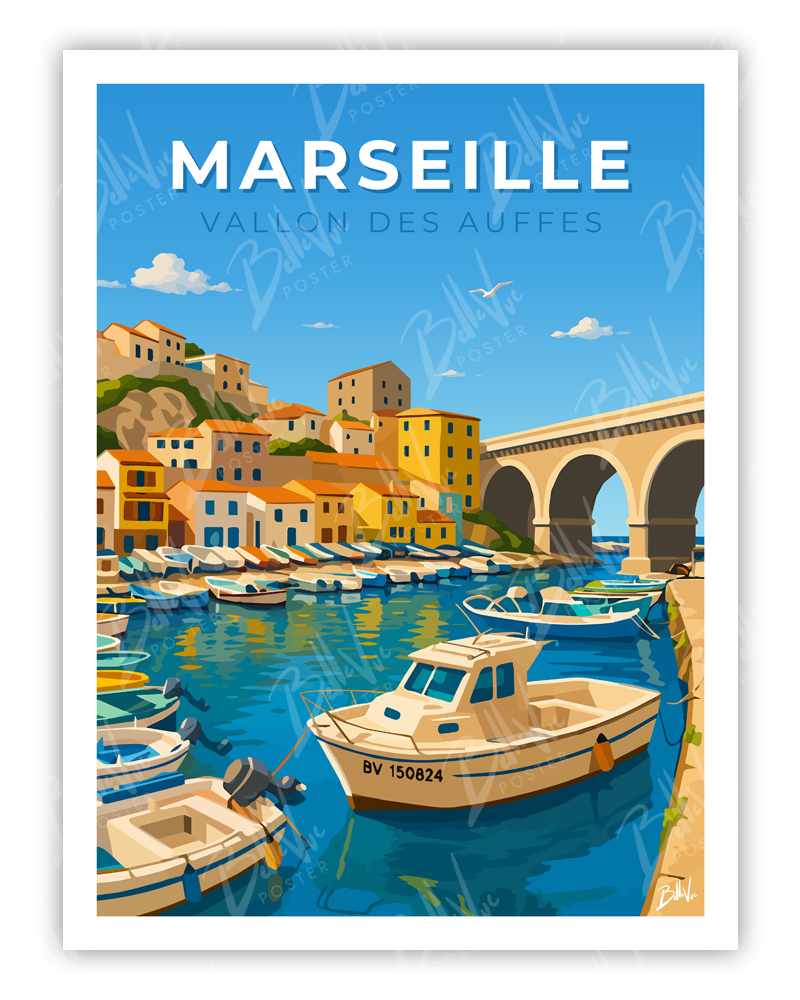 Affiche Marseille vallon des auffes - illustration vintage, décoration murale, BelleVue Poster