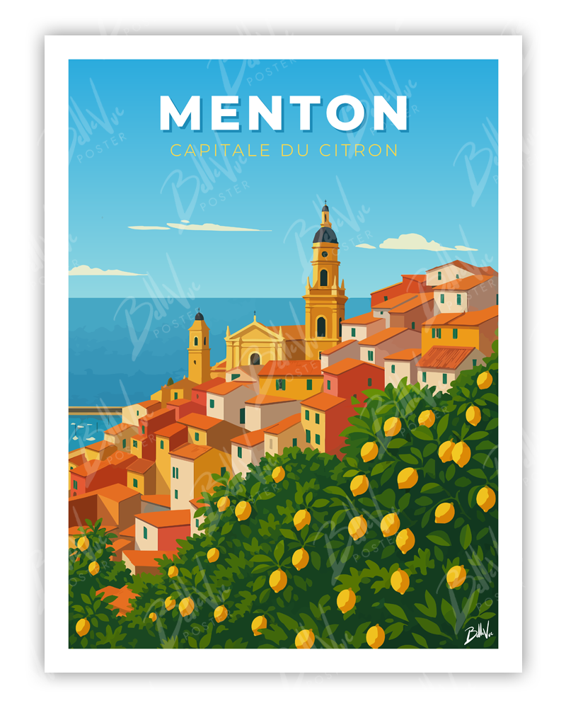 Affiche menton capitale du citron - illustration vintage, décoration murale, BelleVue Poster