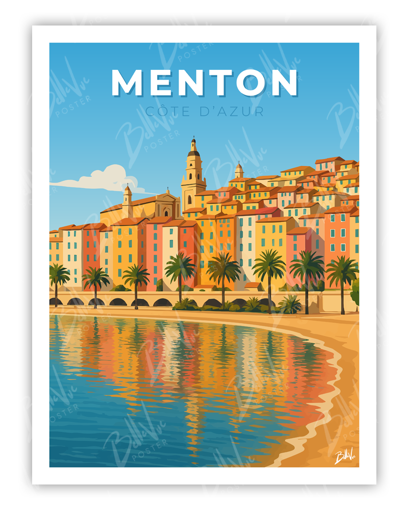 Affiche Menton cote d'azur - illustration vintage, décoration murale, BelleVue Poster