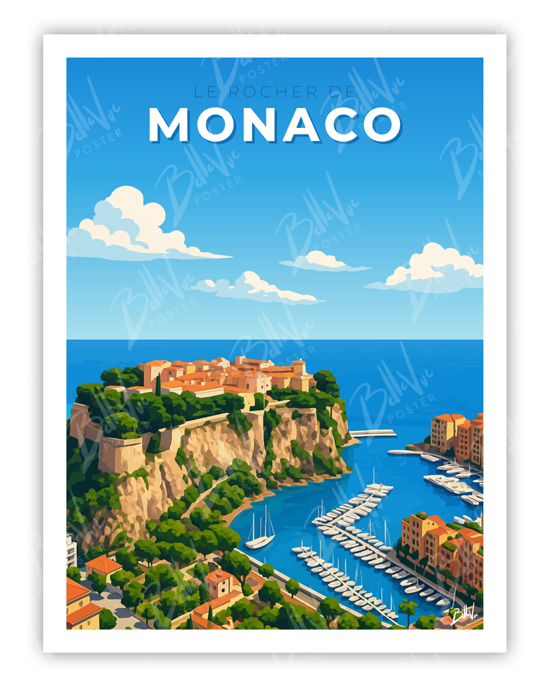 Affiche Le rocher de Monaco - illustration vintage, décoration murale, BelleVue Poster