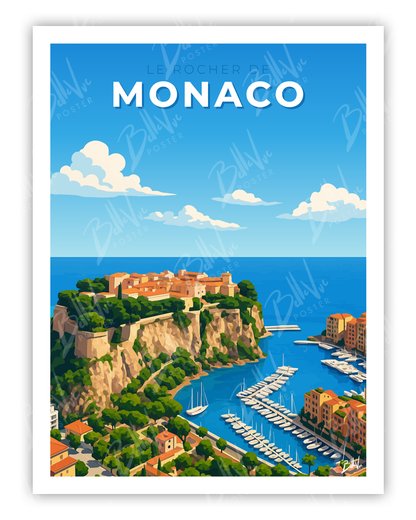 Affiche Le rocher de Monaco - illustration vintage, décoration murale, BelleVue Poster