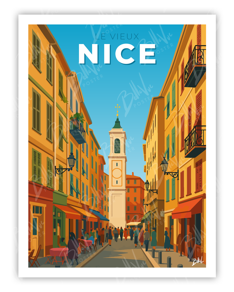 Affiche le vieux nice - illustration vintage, décoration murale, BelleVue Poster