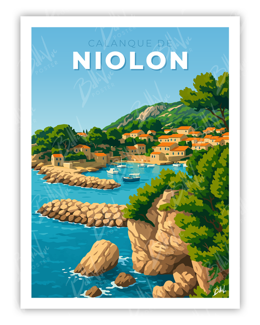 Affiche Calanque de Niolon - illustration vintage, décoration murale, BelleVue Poster