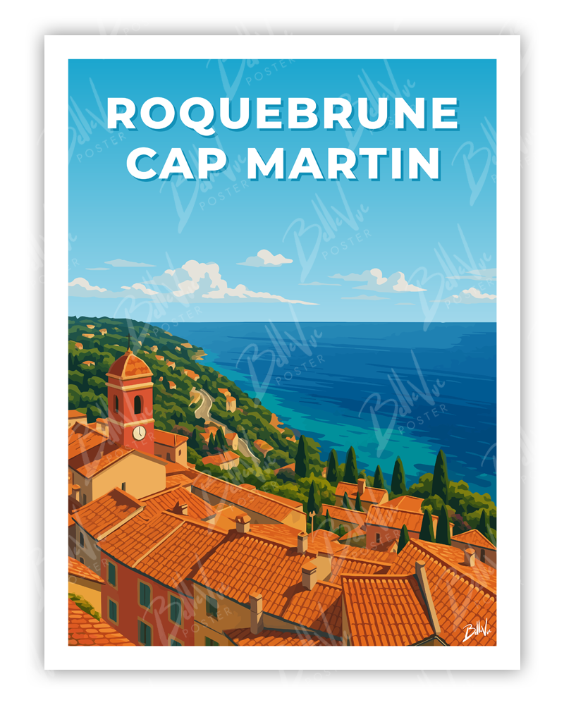 Affiche Roquebrune Cap Martin - illustration vintage, décoration murale, BelleVue Poster