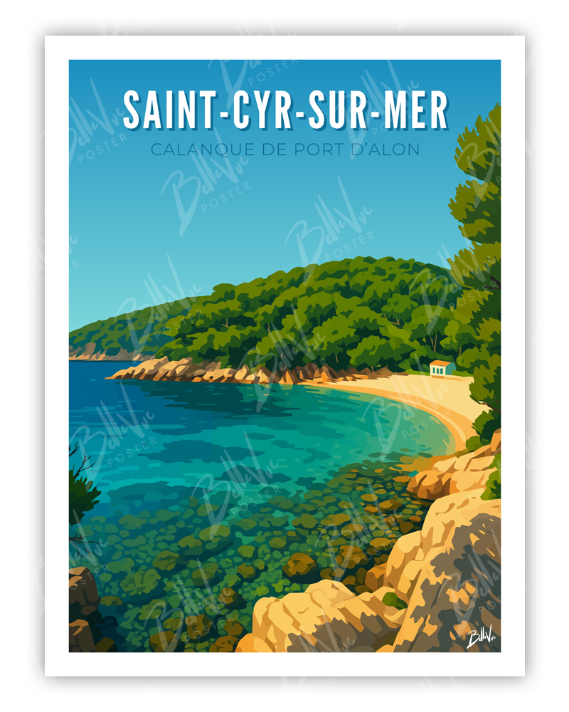 Affiche Saint Cyr sur Mer Calanque du port d'alon - illustration vintage, décoration murale, BelleVue Poster