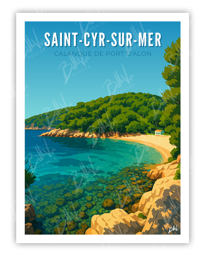 Affiche Saint Cyr sur Mer Calanque du port d'alon - illustration vintage, décoration murale, BelleVue Poster
