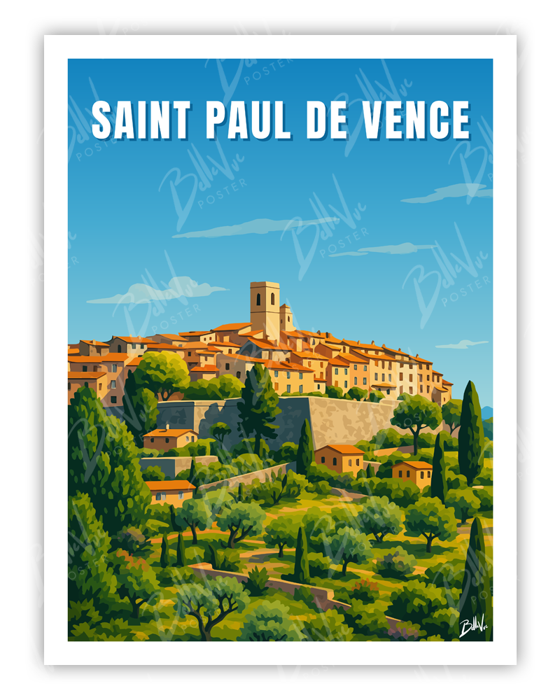 Affiche Saint Paul de Vence - illustration vintage, décoration murale, BelleVue Poster