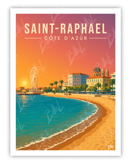 Affiche Saint Raphael Cote d'azur - illustration vintage, décoration murale, BelleVue Poster