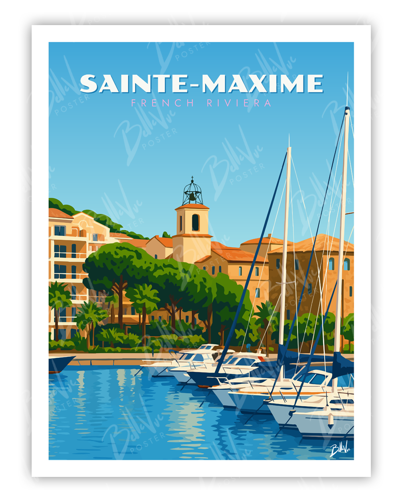 Affiche Sainte Maxime French Riviera - illustration vintage, décoration murale, BelleVue Poster