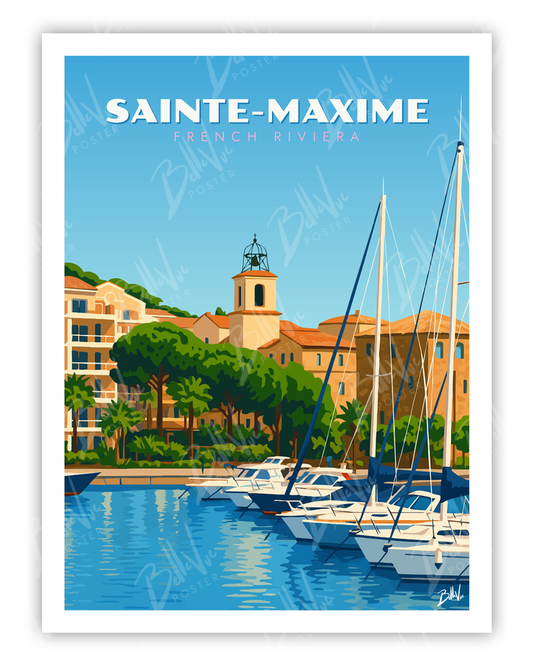Affiche Sainte Maxime French Riviera - illustration vintage, décoration murale, BelleVue Poster