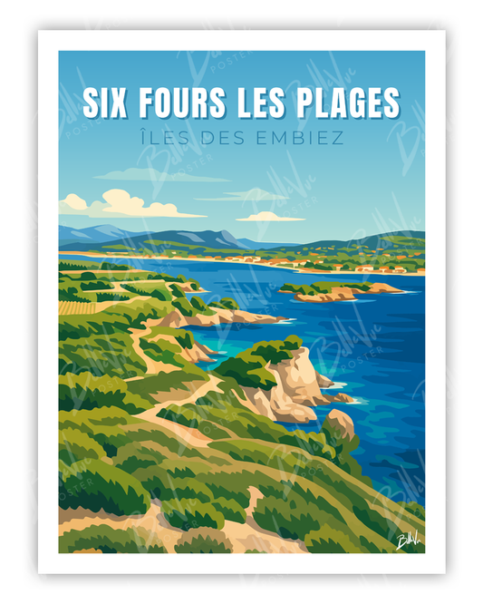 Affiche Six fours les plages iles des embiez - illustration vintage, décoration murale, BelleVue Poster