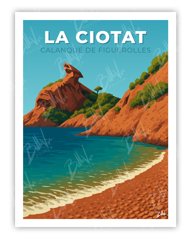 Affiche La ciotat calanque de figuerolles - illustration vintage, décoration murale, BelleVue Poster