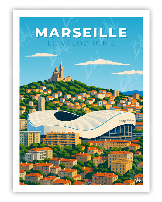 Affiche Marseille le velodrome - illustration vintage, décoration murale, BelleVue Poster