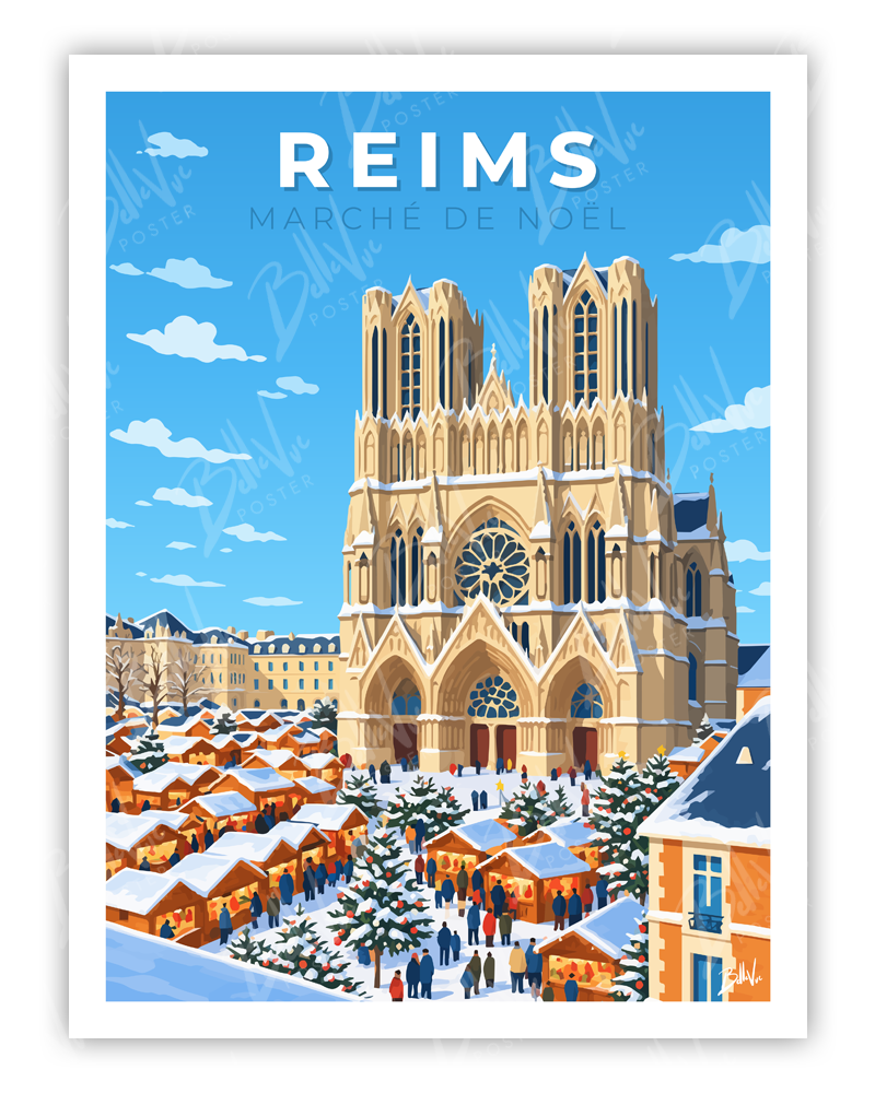 Affiche Reims - Marché de Noël - illustration vintage, décoration murale, BelleVue Poster
