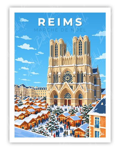 Affiche Reims - Marché de Noël - illustration vintage, décoration murale, BelleVue Poster