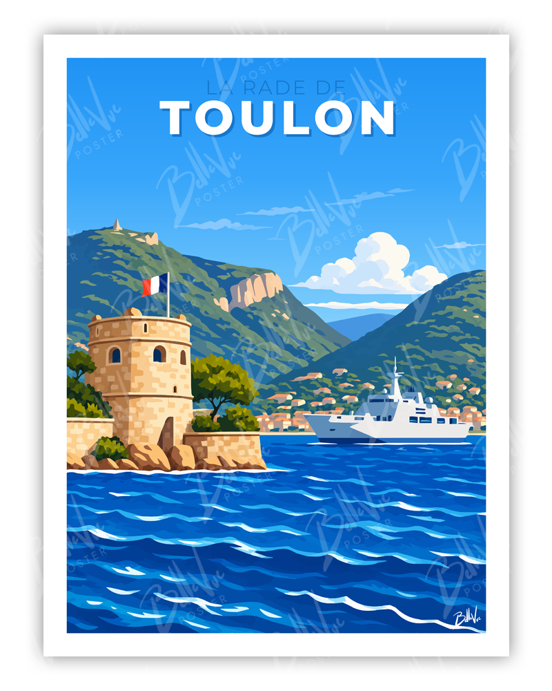 Affiche La Rade de Toulon - illustration vintage, décoration murale, BelleVue Poster