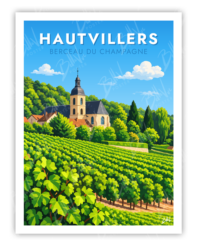 Affiche Hautvillers - Berceau du Champagne - illustration vintage, décoration murale, BelleVue Poster