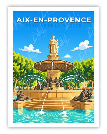 Affiche Aix-en-Provence - Fontaine de la Rotonde - illustration vintage, décoration murale, BelleVue Poster