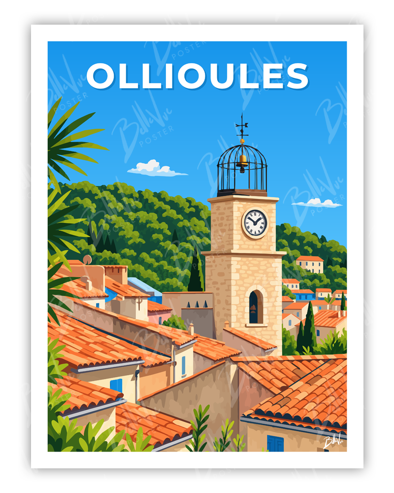 Affiche Ollioules - illustration vintage, décoration murale, BelleVue Poster
