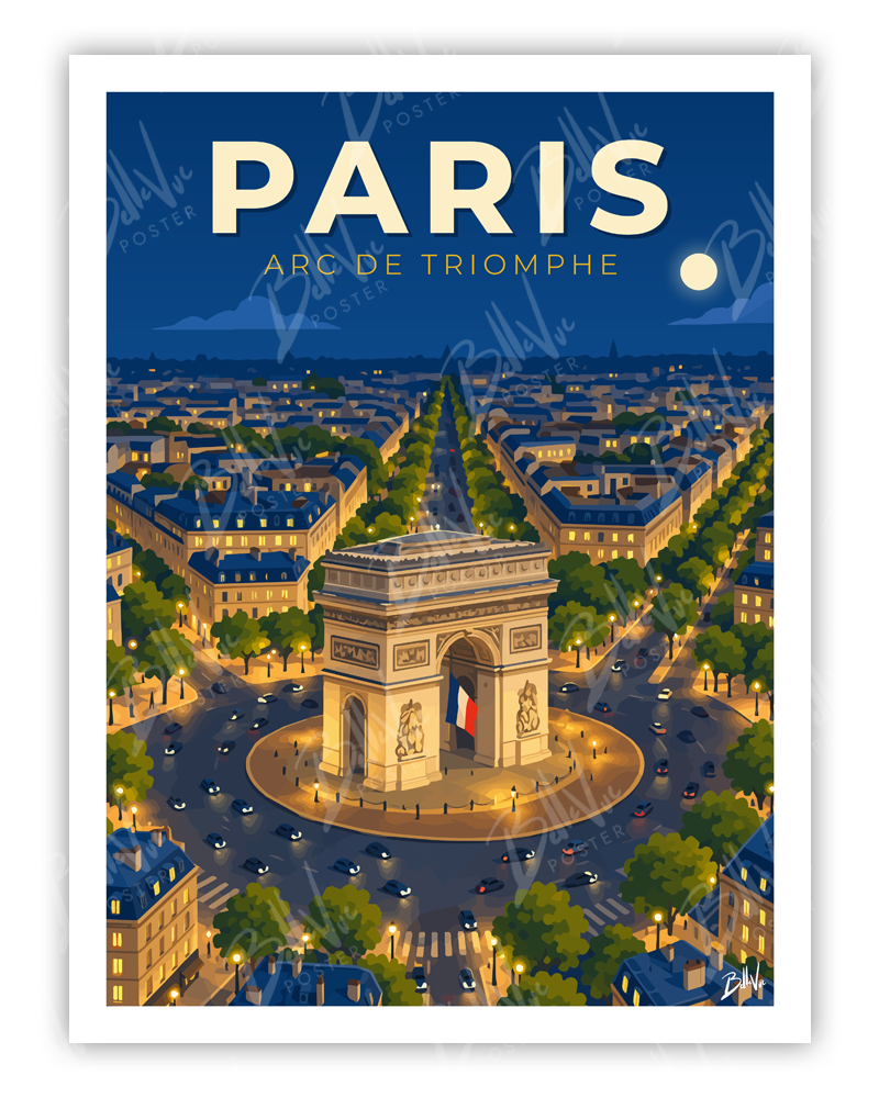 Affiche Paris - Arc de Triomphe - illustration vintage, décoration murale, BelleVue Poster