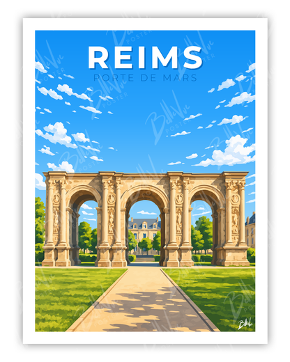 Affiche Reims - Porte de Mars - illustration vintage, décoration murale, BelleVue Poster