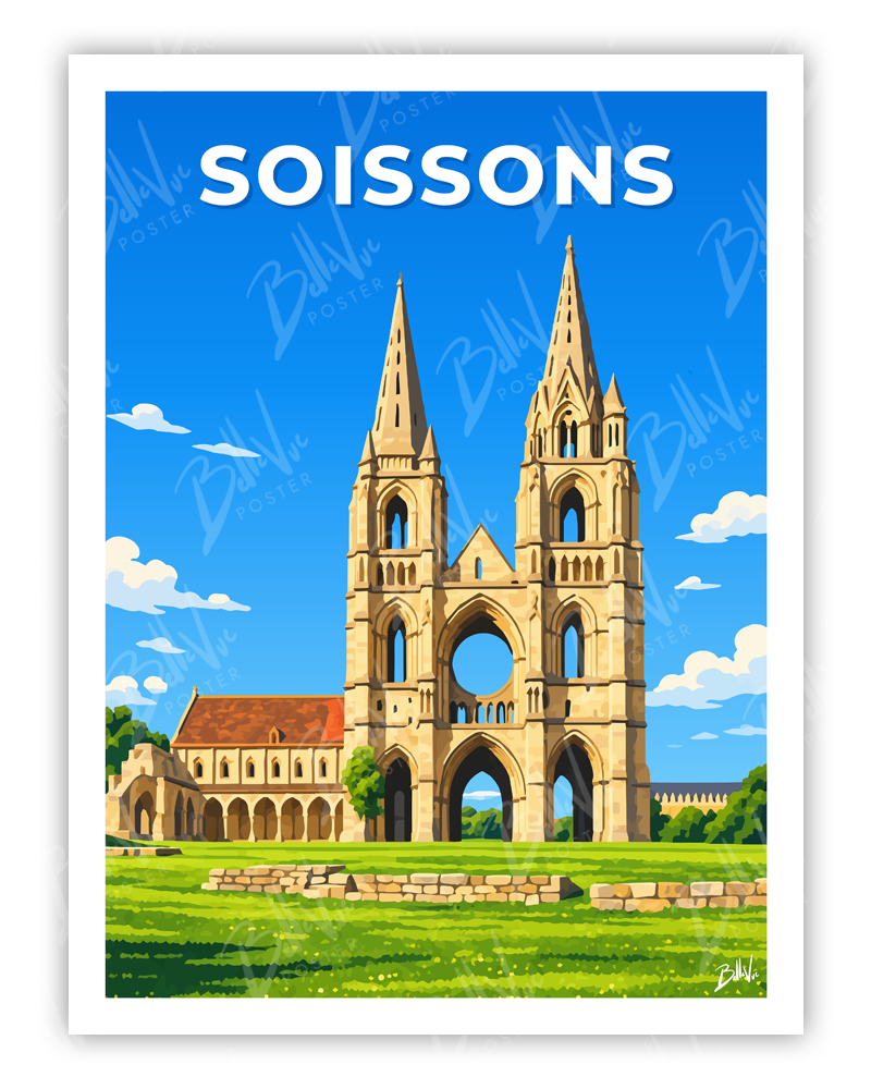 Affiche Soissons - illustration vintage, décoration murale, BelleVue Poster