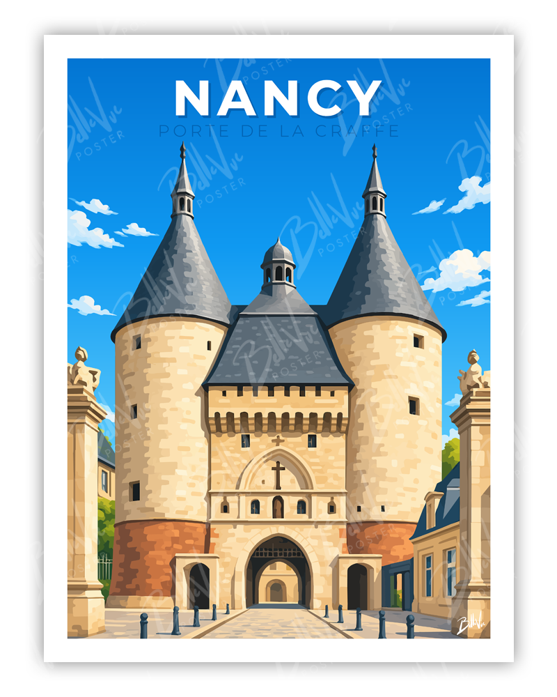 Affiche Nancy - Porte de la Craffe - illustration vintage, décoration murale, BelleVue Poster