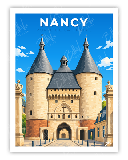 Affiche Nancy - Porte de la Craffe - illustration vintage, décoration murale, BelleVue Poster