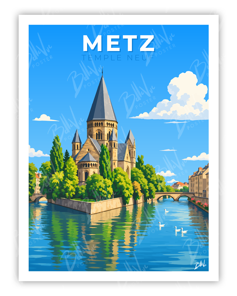 Affiche Metz - Temple Neuf - illustration vintage, décoration murale, BelleVue Poster