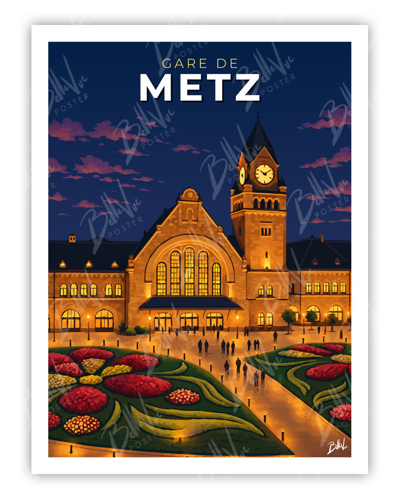 Affiche Gare de Metz - illustration vintage, décoration murale, BelleVue Poster