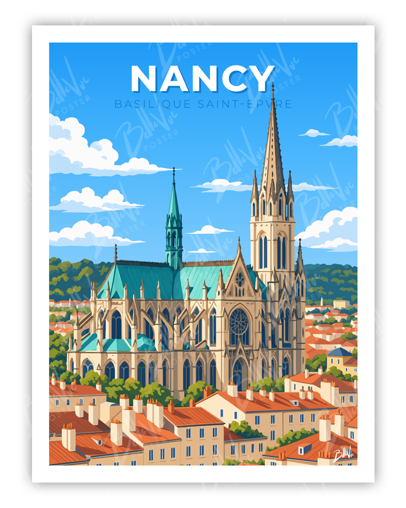 Affiche Nancy - Basilique Saint-Epvre - illustration vintage, décoration murale, BelleVue Poster