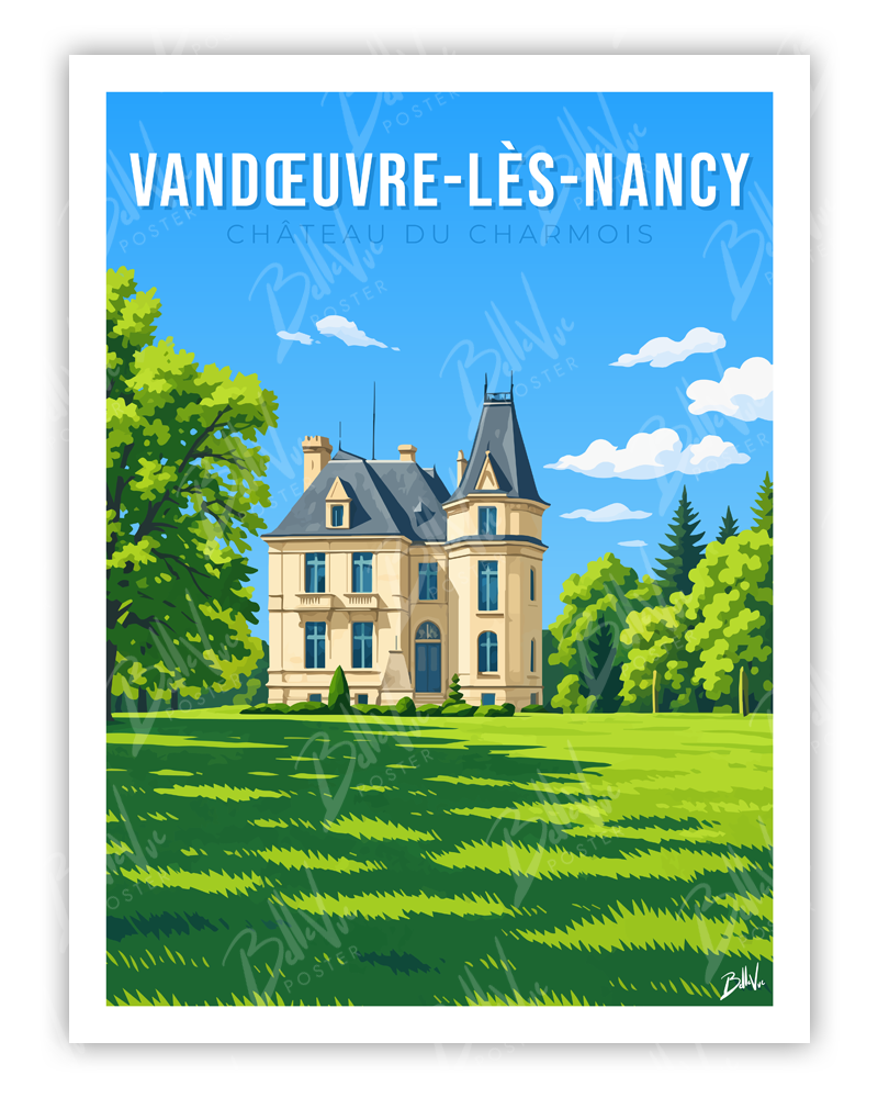 Affiche Vandœuvre-lès-Nancy - Château du Charmois - illustration vintage, décoration murale, BelleVue Poster