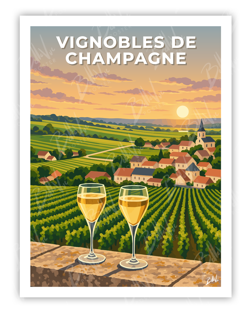 Affiche Vignobles de Champagne - illustration vintage, décoration murale, BelleVue Poster