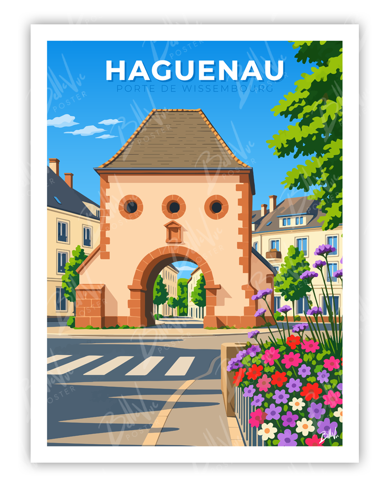 Affiche Haguenau - Porte de Wissembourg - illustration vintage, décoration murale, BelleVue Poster