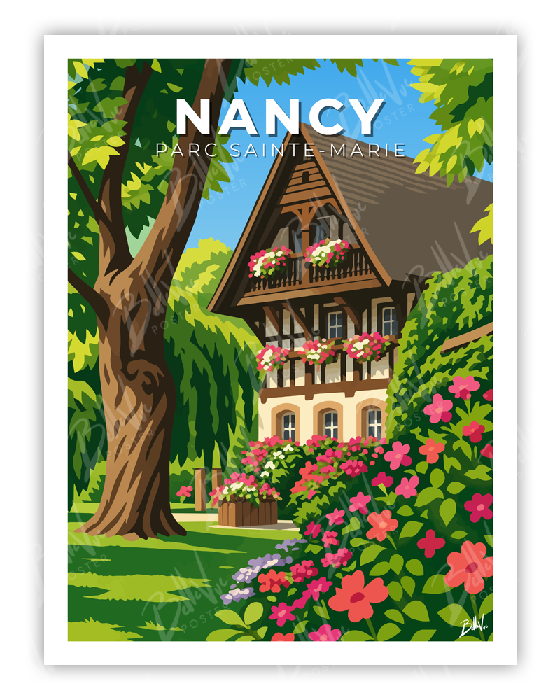 Affiche Nancy - Parc Sainte-Marie - illustration vintage, décoration murale, BelleVue Poster