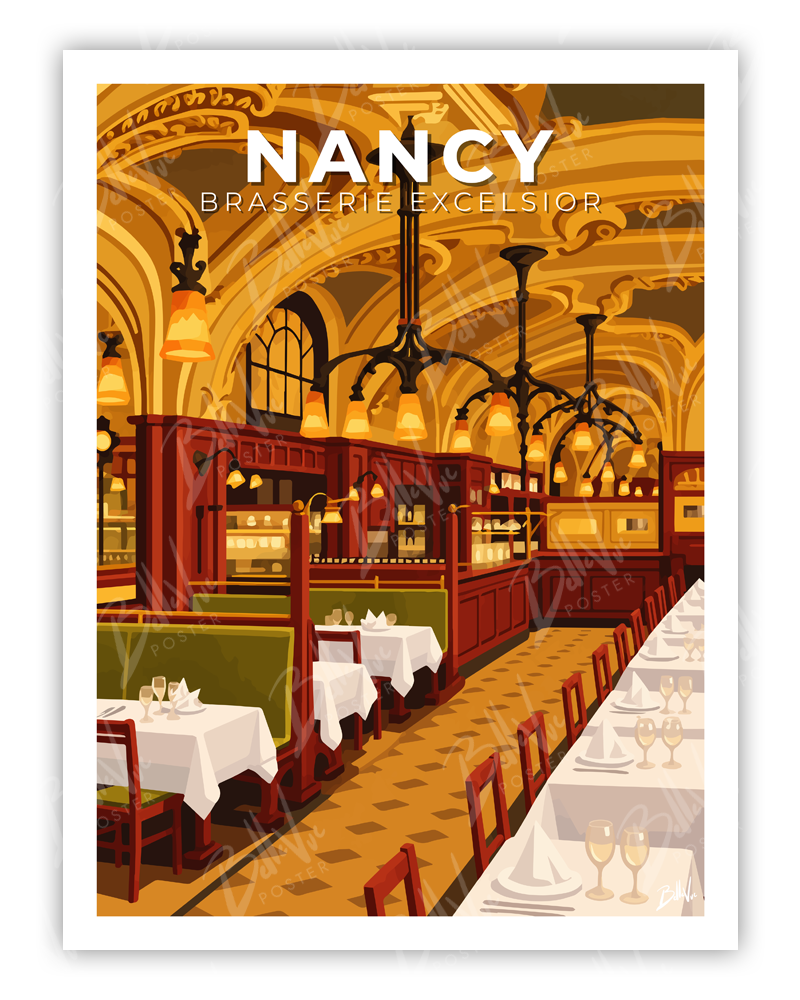 Affiche Nancy - Brasserie Excelsior - illustration vintage, décoration murale, BelleVue Poster