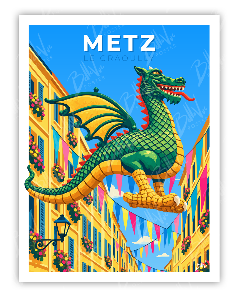Affiche Metz - Le Graoully - illustration vintage, décoration murale, BelleVue Poster