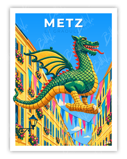 Affiche Metz - Le Graoully - illustration vintage, décoration murale, BelleVue Poster